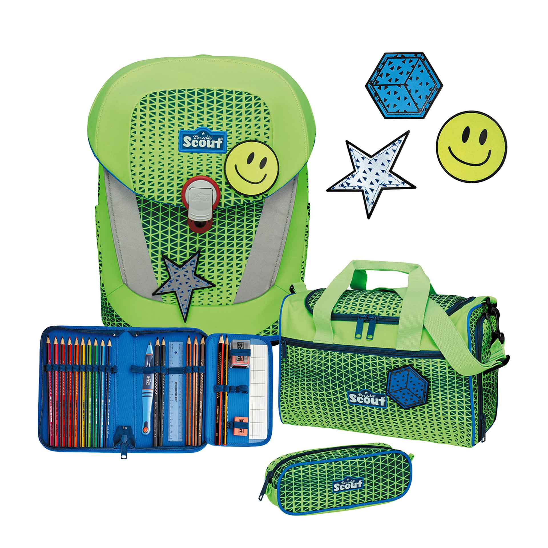 Scout Sunny ll Schulranzenset 4-teilig inkl. 3 Funny Snaps neon safety green gecko