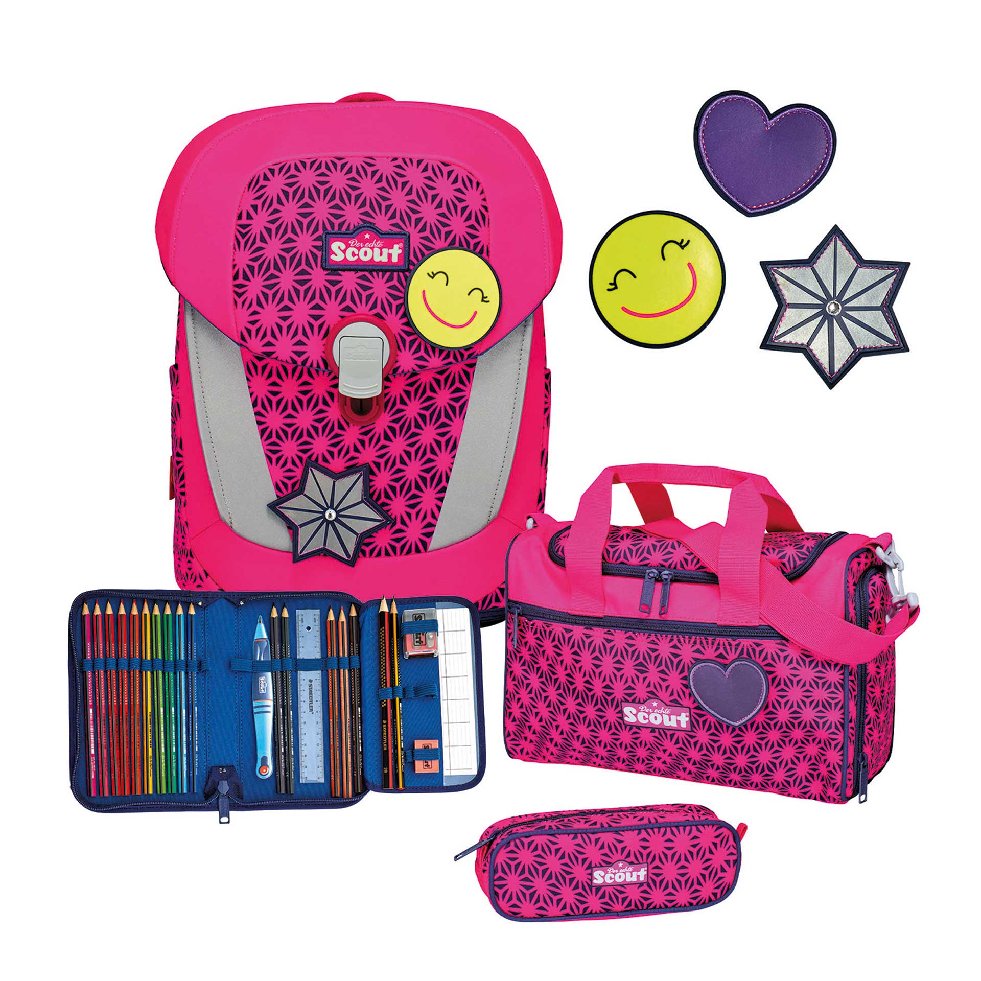 Scout Sunny ll Schulranzenset 4-teilig inkl. 3 Funny Snaps Neon Safety Pink Glow