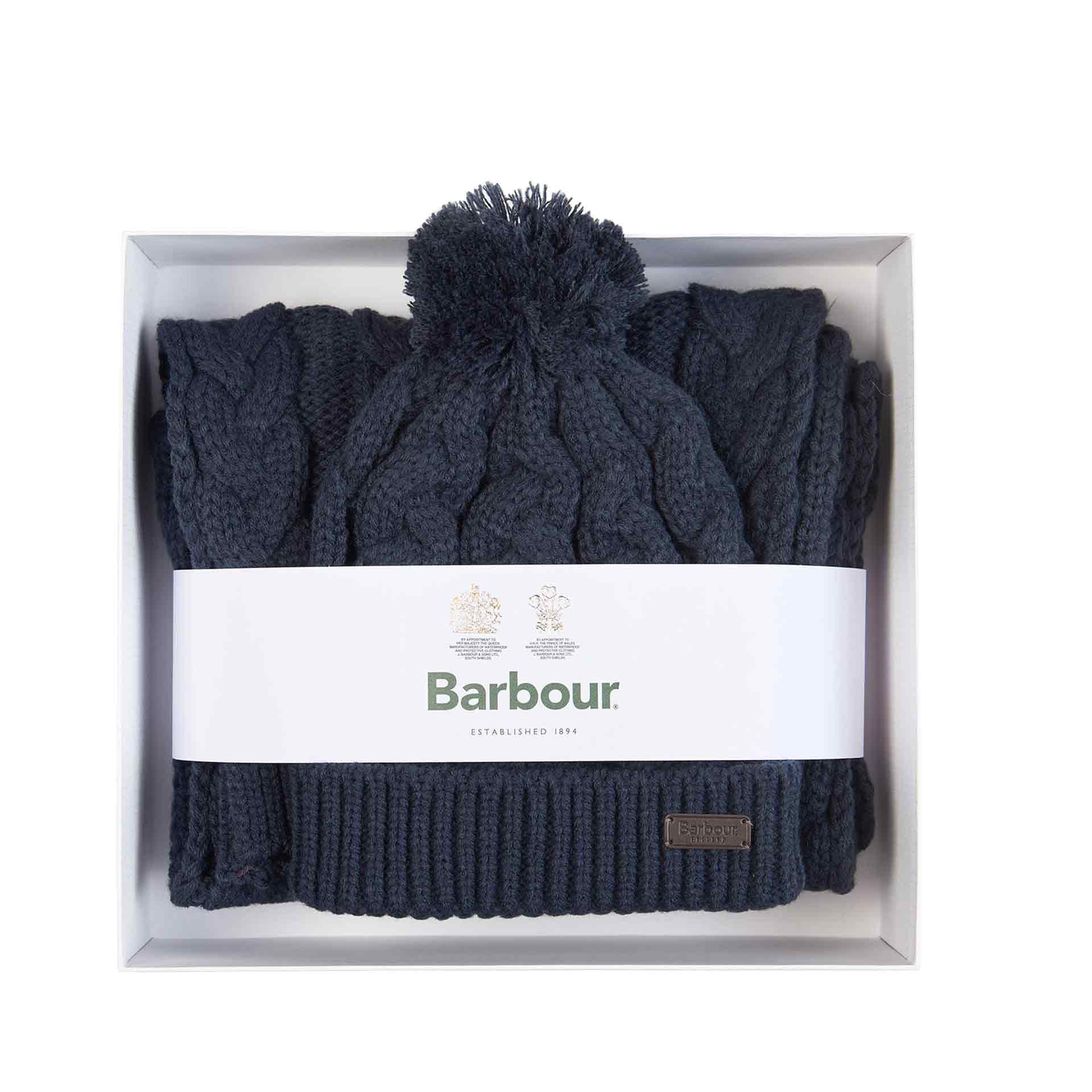 Barbour Highgate Cable Mütze mit Schal im Geschenkset navy