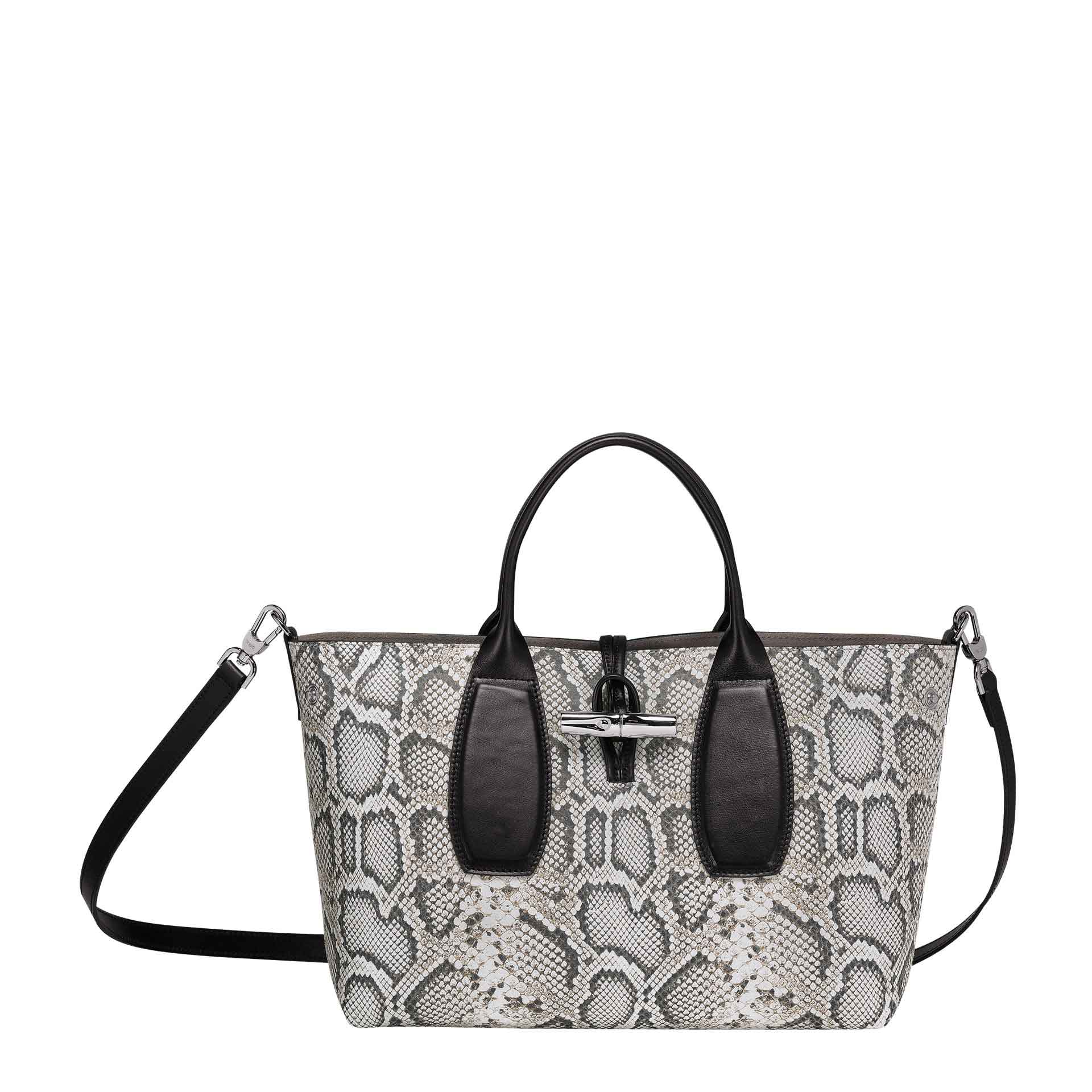 Longchamp Roseau Python Handtasche M black white