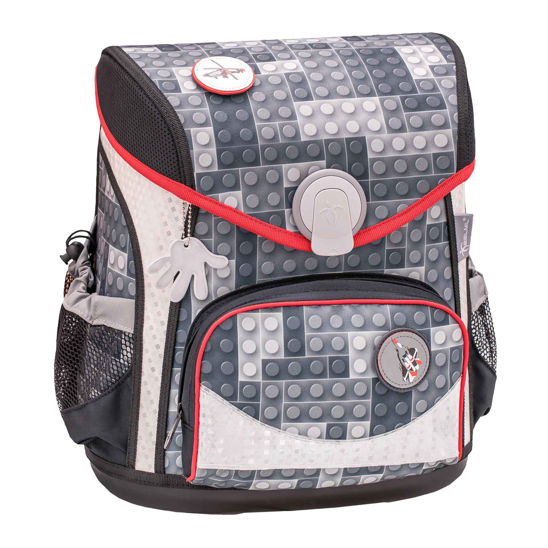 Belmil Cool Bag Schulranzen mit Patch-Set, 4-teilig Bricks Grey